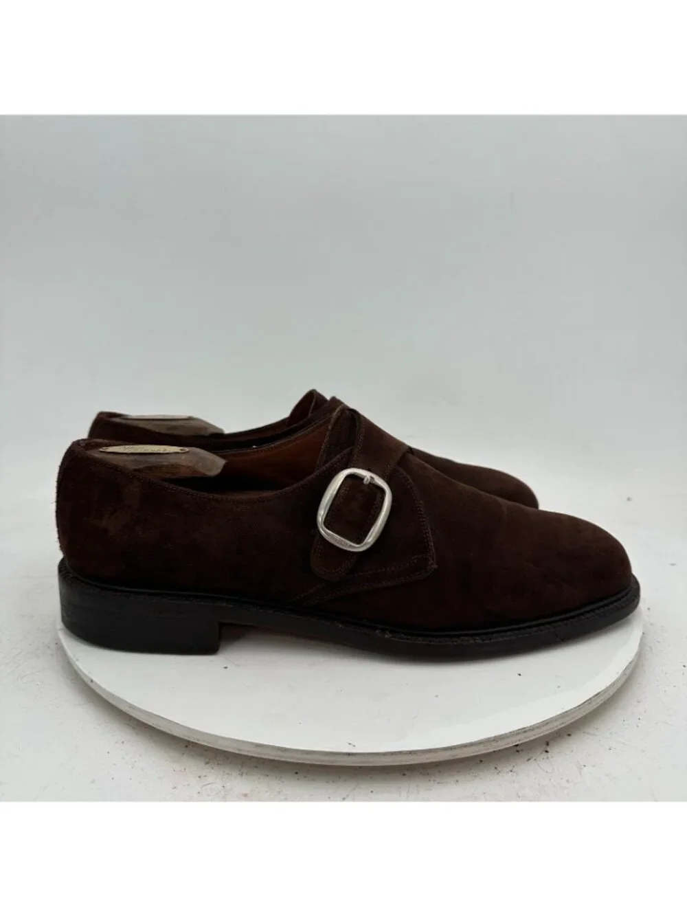 Lottusse Men Size 8.5 Dark Brown Suede Buckle Single Monk Strap Dress Shoes